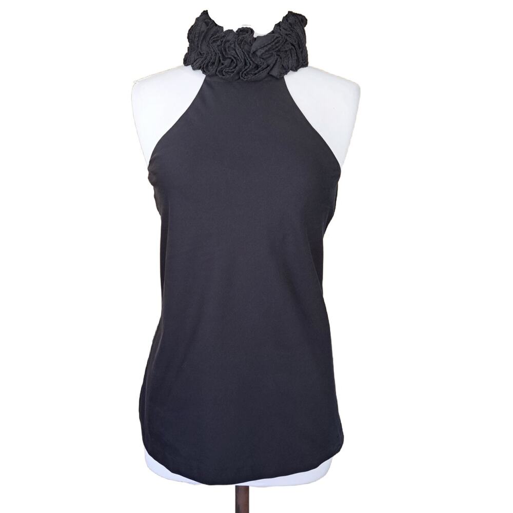 Red Valentino Ruffle Neck Halter Tunic Top in Black Poplin Cutaway Shoulder
